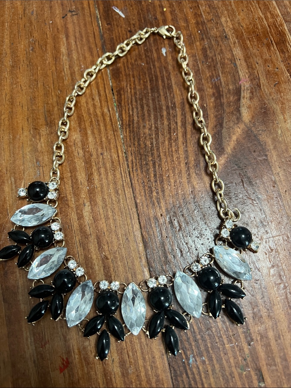 Gold Chain Statement Necklace with Black and Clear Stones